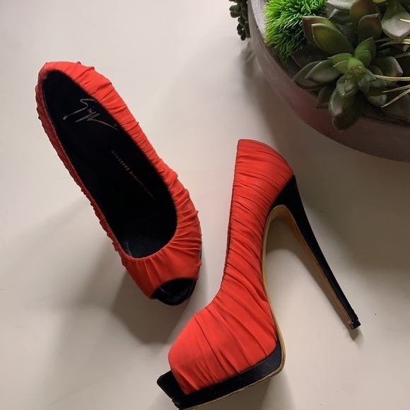 GIUSEPPE ZANOTTI watermelon Red Pleated Fabric Peep Toe Platform Pumps Heels 7 - Picture 10 of 10